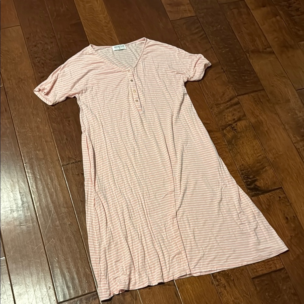 Nesting Olive Pink Striped Short Sleeve House Dress